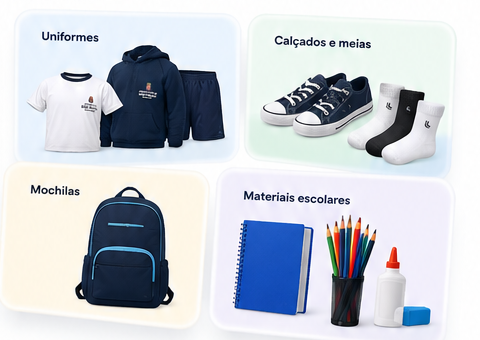 Categorias: uniformes, calçados e meias, mochilas e materiais escolares